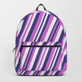 [ Thumbnail: Dark Slate Blue, Orchid, and Mint Cream Colored Pattern of Stripes Backpack ]