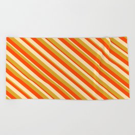 [ Thumbnail: Red, Beige, and Goldenrod Colored Lined Pattern Beach Towel ]