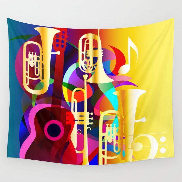 Colorful music instruments with guitar, trumpet, musical notes, bass clef and abstract decor Wall Tapestry