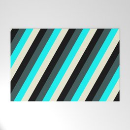 [ Thumbnail: Dark Slate Gray, Cyan, Beige, and Black Colored Lines Pattern Welcome Mat ]