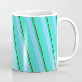 [ Thumbnail: Brown, Green, Light Sky Blue, and Turquoise Colored Striped/Lined Pattern Coffee Mug ]
