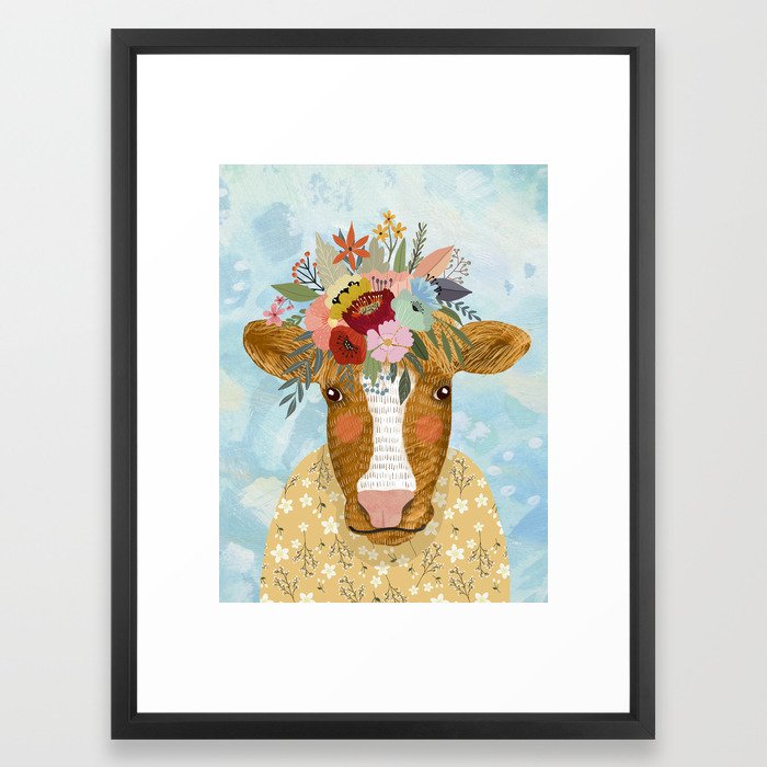 Cute cow with flowers on head, floral crown farm animal Framed Art
