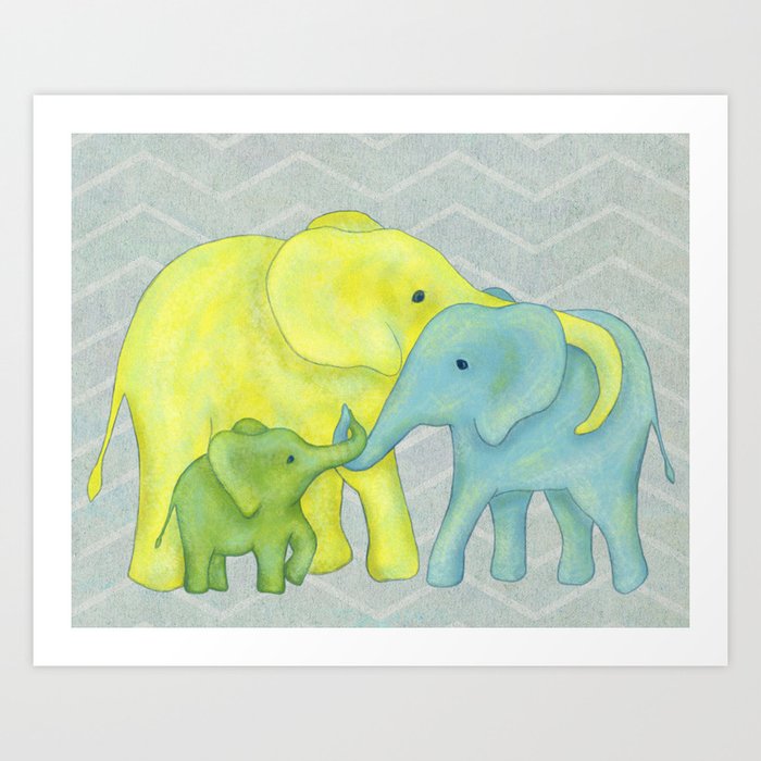 Elephant Family of Three in Yellow, Blue and Green Art Print