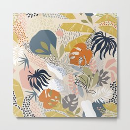 Tropical Foliage Pattern 1 - Retro Boho Metal Print | Retro, Muted, Grey, Organic, Blue, Graphic, Tropical, Bohemian, Leaves, Orange 