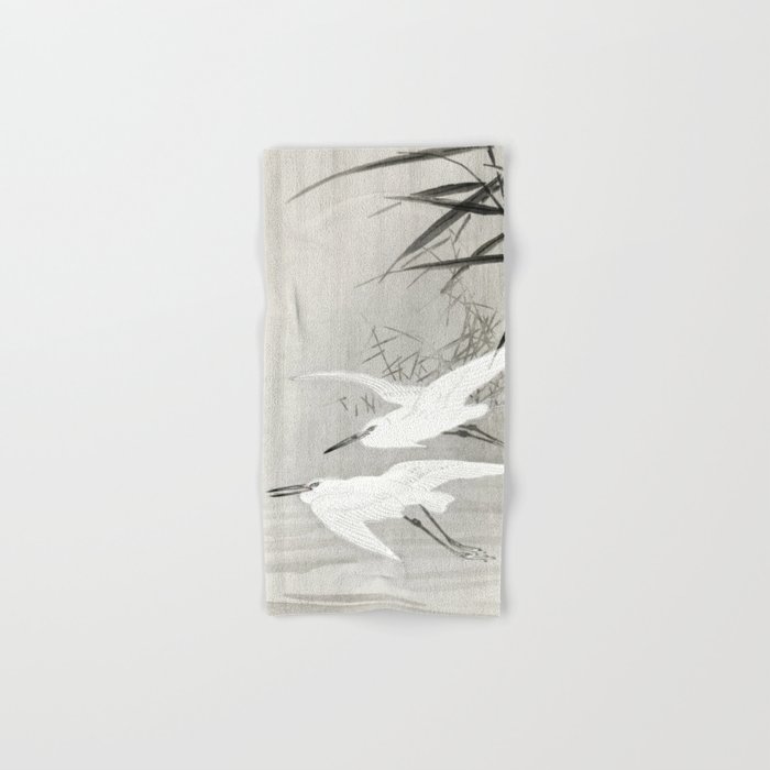 Egrets flying over the swamp - Japanese vintage woodblock print art Hand & Bath Towel