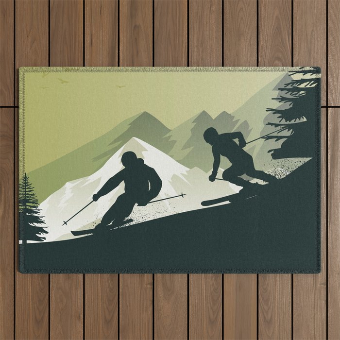 Winter Sport • Best Skiing Design Ever • Green Background Outdoor Rug
