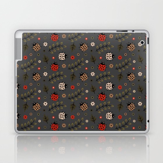 Ladybug and Floral Seamless Pattern on Dark Grey Background Laptop & iPad Skin