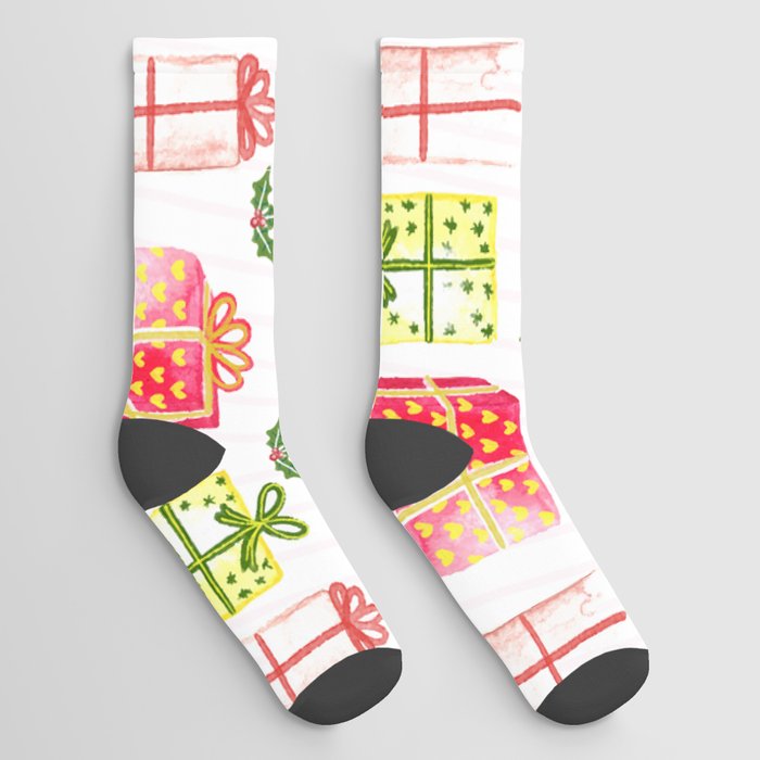 Christmas Pattern Watercolor Drawing Gifts Socks
