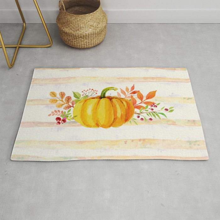 Pumpkin in Watercolor with Striped Background Rug
