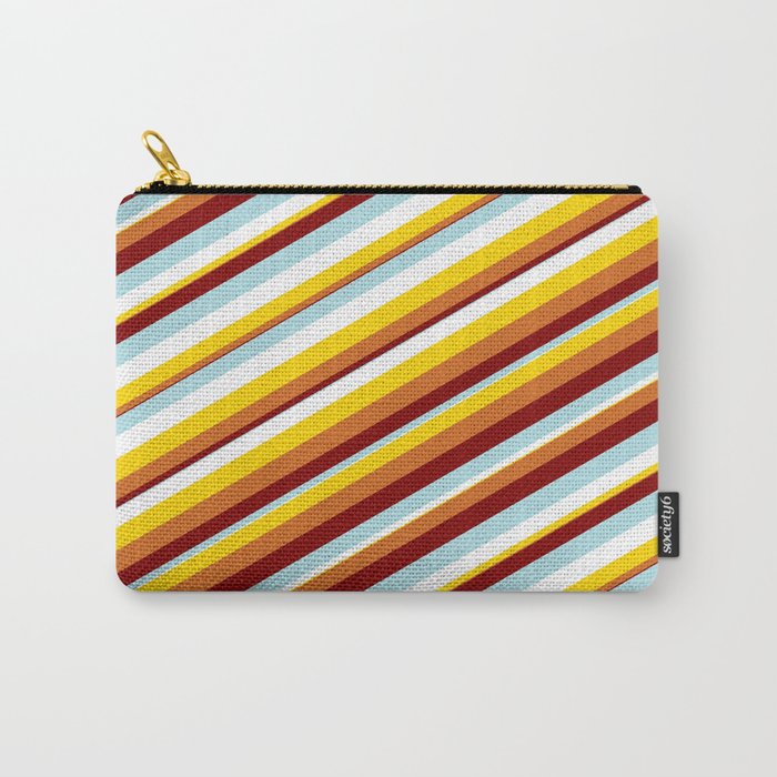 Vibrant Powder Blue, White, Yellow, Chocolate, and Maroon Colored Lines Pattern Carry-All Pouch