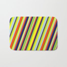 [ Thumbnail: Eye-catching Green, Yellow, Light Blue, Red & Midnight Blue Colored Lines/Stripes Pattern Bath Mat ]