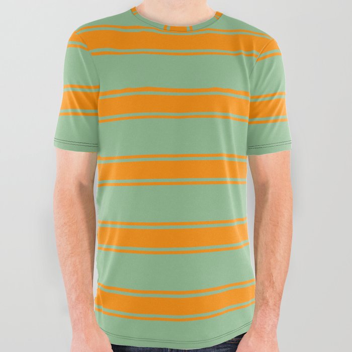 Dark Sea Green & Dark Orange Colored Stripes/Lines Pattern All Over Graphic Tee