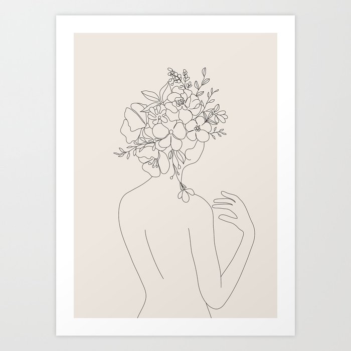 Woman with Flowers Minimal Line II Art Print