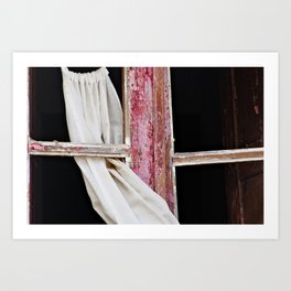 Red Window Frame with White Curtain  Closeup Art Print | Photo, Wood, Decay, Ruin, Red, Cross, Demolition, Dilapidated, Wooden, Window 