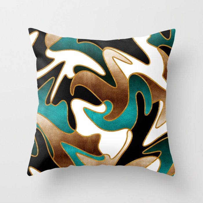 MCM Abstract Watercolor Waves // Gold, Teal, Brown, Black, White Throw Pillow