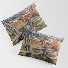 Texas Longhorn Steer with Wood Log Fence in Wyoming Pasture Pillow Sham