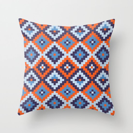 Aztec pattern - orange, blue Throw Pillow