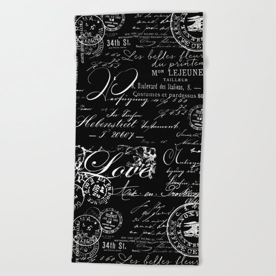 White Vintage Handwriting on Black Beach Towel