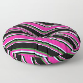 [ Thumbnail: Black, Forest Green, Deep Pink & Turquoise Colored Lined Pattern Floor Pillow ]