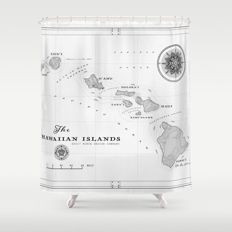 The Hawaiian Islands Black White Map Print Shower Curtain