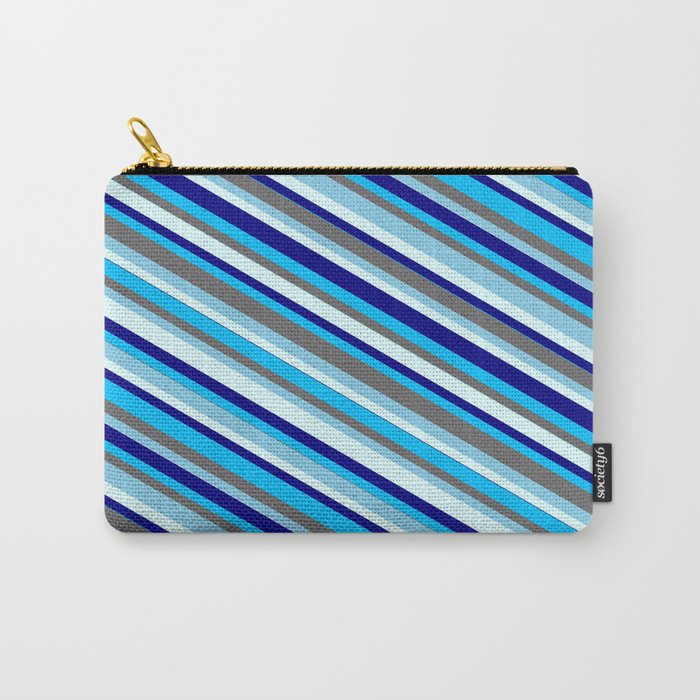 Vibrant Dim Gray, Sky Blue, Light Cyan, Blue & Deep Sky Blue Colored Lined/Striped Pattern Carry-All Pouch