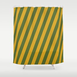 [ Thumbnail: Goldenrod & Dark Olive Green Colored Striped Pattern Shower Curtain ]