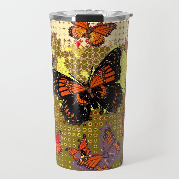 Puce color Abstracted Black & Orange Monarch Butterflies Travel Mug