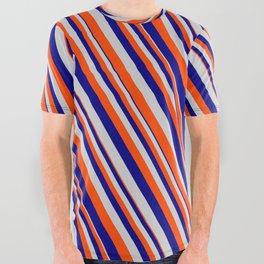 [ Thumbnail: Blue, Light Gray & Red Colored Lined Pattern All Over Graphic Tee ]
