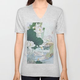 White Geese And Blossoming Lotus Flowers - Antique Japanese Woodblock Print Art By Kono Bairei, 1883 V Neck T Shirt