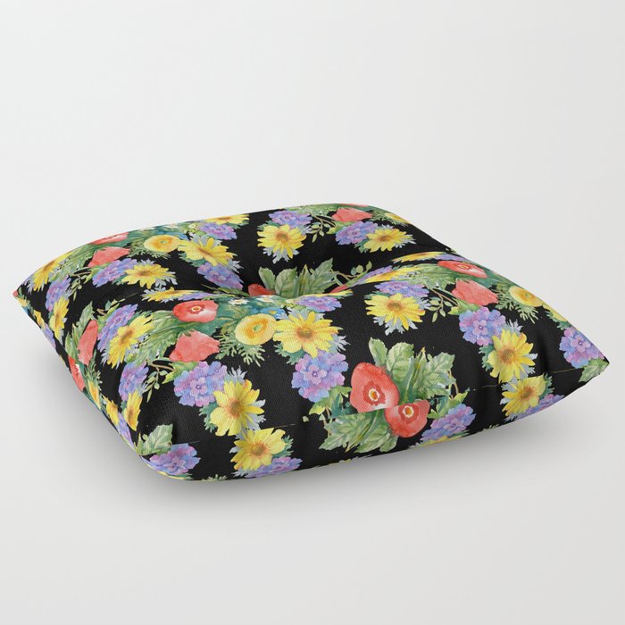 Summertime garden flowers watercolor seamless pattern on black background. Beautiful hand drawn texture. Romantic background Floor Pillow