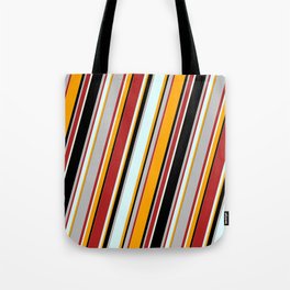 [ Thumbnail: Eyecatching Red, Light Cyan, Orange, Black, and Grey Colored Lines/Stripes Pattern Tote Bag ]