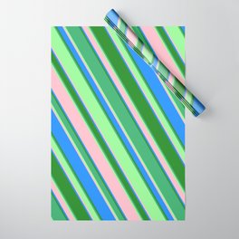 [ Thumbnail: Eye-catching Forest Green, Sea Green, Green, Pink & Blue Colored Lined/Striped Pattern Wrapping Paper ]