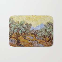 Vincent Van Gogh Olive Trees Bath Mat | Landscape, Vincentvangogh, Fineart, Olivetrees, Yellowsky, Vintage, Painting, Oliveorchard, Sun, Olivetreeswithyellowskyandsun 