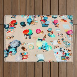 Aerial People On Beach, Beach Umbrellas, Colorful Umbrellas, Summer Vibes Outdoor Rug