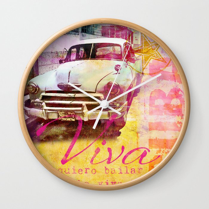 Viva Cuba retro car mixed media art Wall Clock