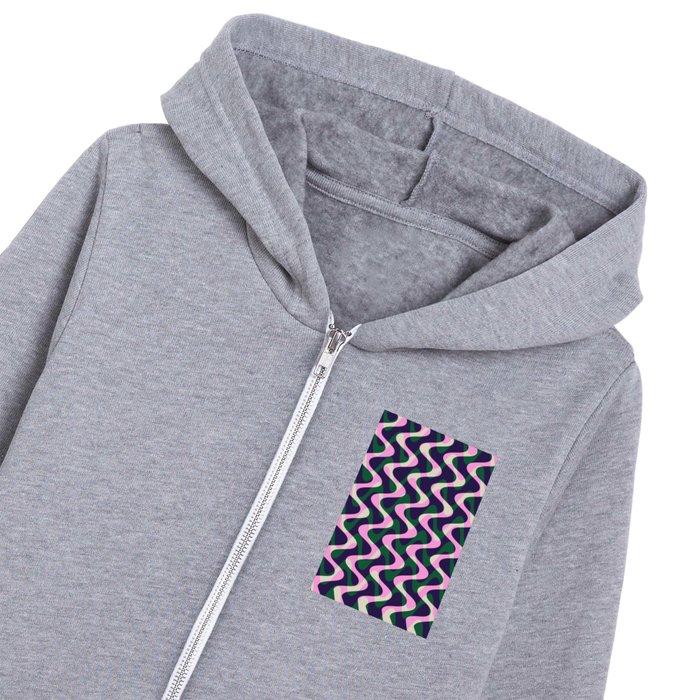 Wavy Lines Pattern in Pink Green and Navy Kids Zip Hoodie