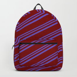 [ Thumbnail: Slate Blue and Maroon Colored Lines Pattern Backpack ]