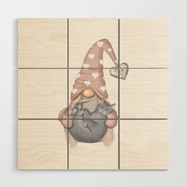 Romantic Gnome With Gray Cat Wood Wall Art