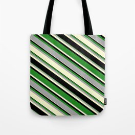 [ Thumbnail: Forest Green, Dark Grey, Light Yellow, and Black Colored Pattern of Stripes Tote Bag ]