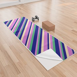 [ Thumbnail: Blue, Sea Green, Orchid, and Beige Colored Striped/Lined Pattern Yoga Towel ]