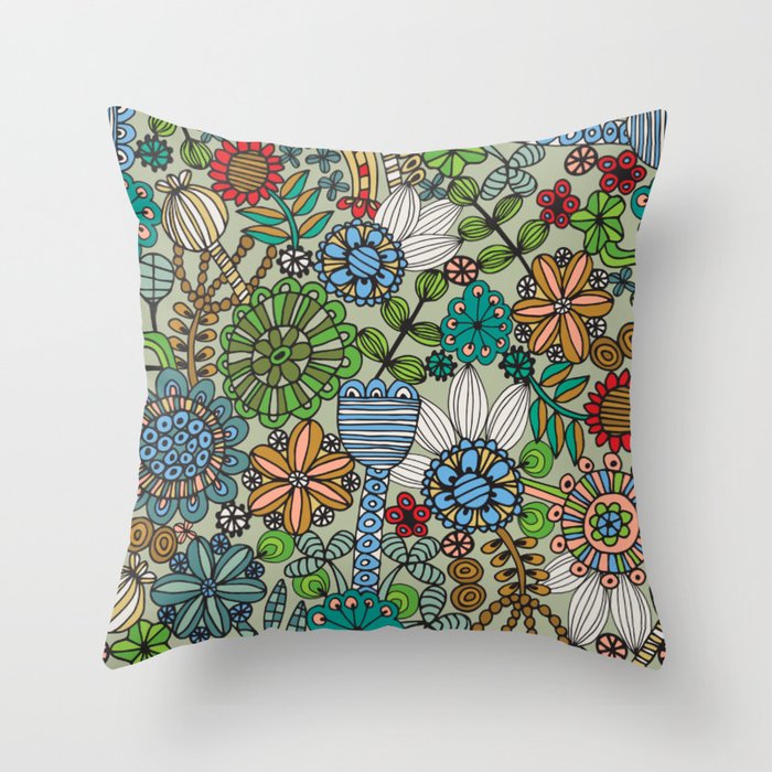 COLORING BOOK EXOTIC DOODLE FLOWERS LINE DRAWING in RETRO 70s COLORS Throw Pillow