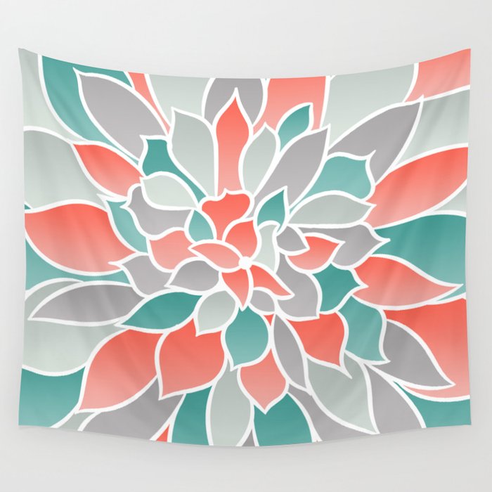 Modern Floral Prints, Coral, Teal Green and Gray Wall Tapestry