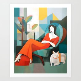 Woman in Red with Cat Art Print