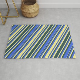 [ Thumbnail: Dark Slate Gray, Royal Blue, and Tan Colored Lined/Striped Pattern Rug ]
