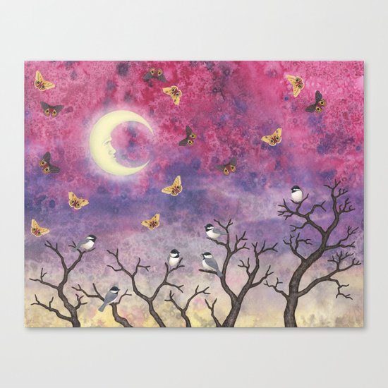chickadees and io moths in the moonlit sky Canvas Print