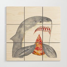 Shark pizza watercolor painting Wood Wall Art