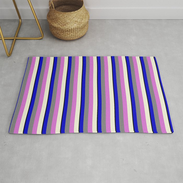 Vibrant Black, Blue, Grey, Orchid, and Beige Colored Striped/Lined Pattern Rug
