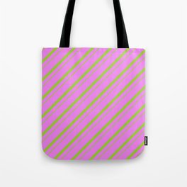 [ Thumbnail: Violet and Green Colored Lines/Stripes Pattern Tote Bag ]