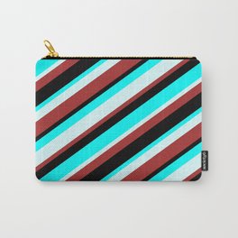 [ Thumbnail: Aqua, Light Cyan, Brown & Black Colored Lined Pattern Carry-All Pouch ]