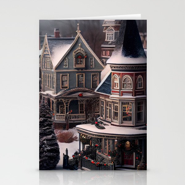 Queen Anne Victorian house with porch and turret and idyllic storybook winter neighborhood scene landscape painting by Prompart Stationery Cards